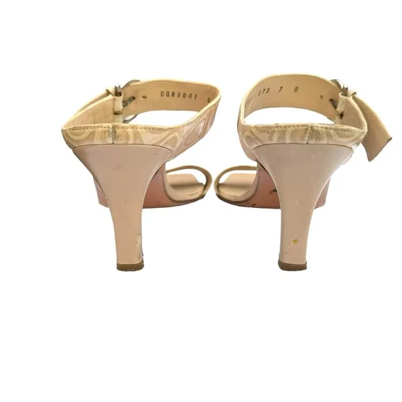 Salvatore Ferragamo Beige Signature Pattern Leather Heeled Buckle Sandal Women’s