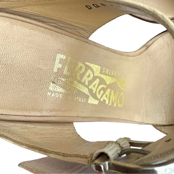 Salvatore Ferragamo Beige Signature Pattern Leather Heeled Buckle Sandal Women’s