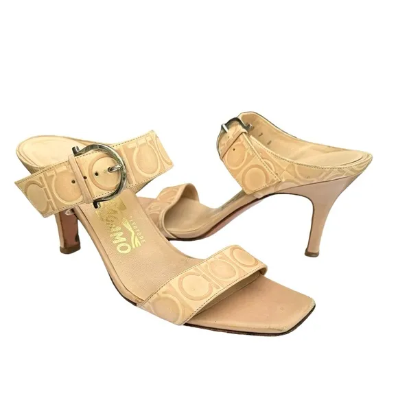 Salvatore Ferragamo Beige Signature Pattern Leather Heeled Buckle Sandal Women’s