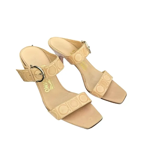 Salvatore Ferragamo Beige Signature Pattern Leather Heeled Buckle Sandal Women’s
