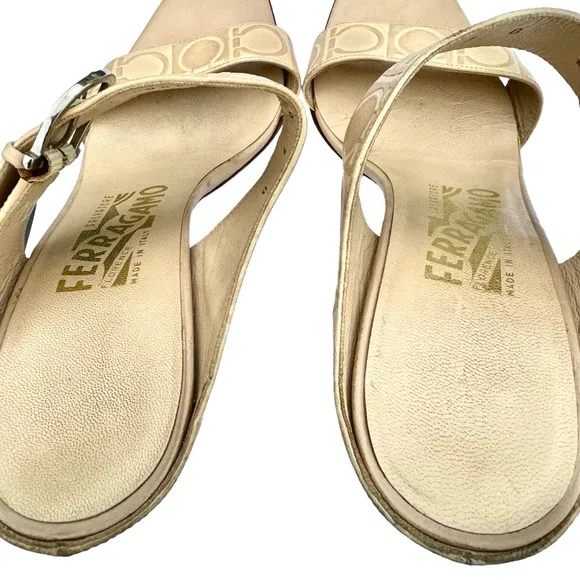 Salvatore Ferragamo Beige Signature Pattern Leather Heeled Buckle Sandal Women’s