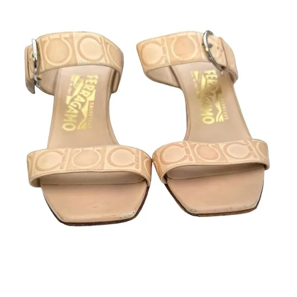 Salvatore Ferragamo Beige Signature Pattern Leather Heeled Buckle Sandal Women’s