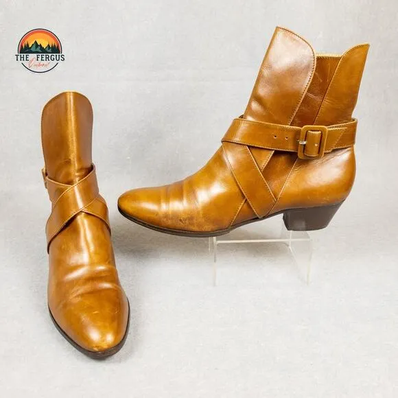 Salvatore Ferragamo Boots Ankle Strap Brown Leather Buckle Heel Women's Size 8
