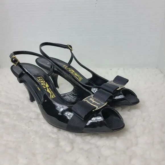 Salvatore Ferragamo Women's Slingback Sandals Sz 7.5 AA Patent Leather Peep Toe