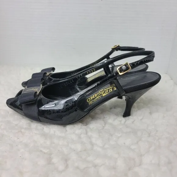 Salvatore Ferragamo Women's Slingback Sandals Sz 7.5 AA Patent Leather Peep Toe