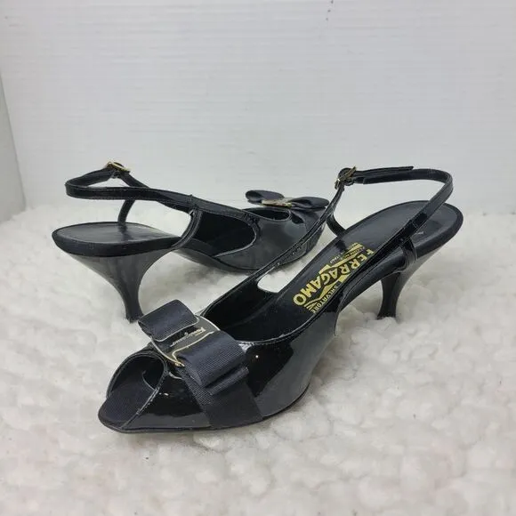 Salvatore Ferragamo Women's Slingback Sandals Sz 7.5 AA Patent Leather Peep Toe