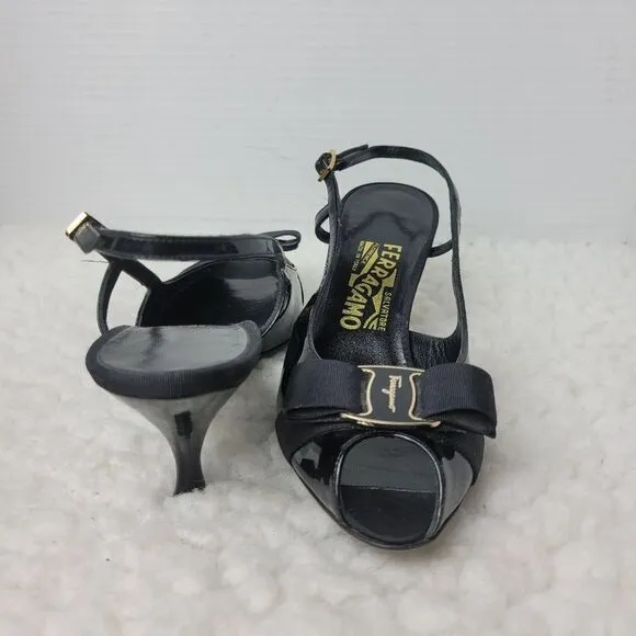 Salvatore Ferragamo Women's Slingback Sandals Sz 7.5 AA Patent Leather Peep Toe