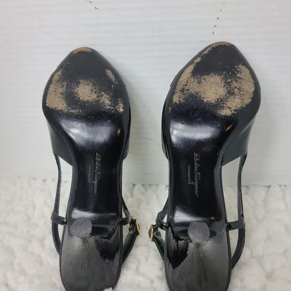 Salvatore Ferragamo Women's Slingback Sandals Sz 7.5 AA Patent Leather Peep Toe