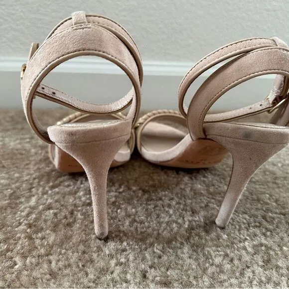 Sandro Nina Chain Suede Heeled Sandals Nude 37 6-6.5