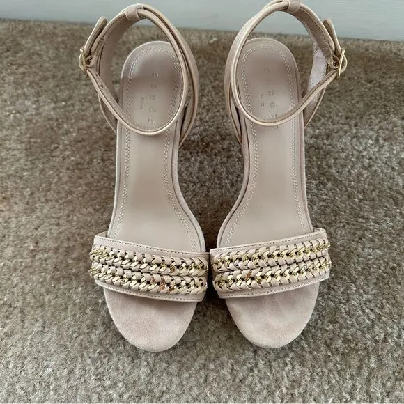 Sandro Nina Chain Suede Heeled Sandals Nude 37 6-6.5