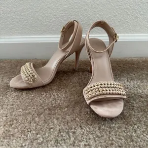Sandro Nina Chain Suede Heeled Sandals Nude 37 6-6.5