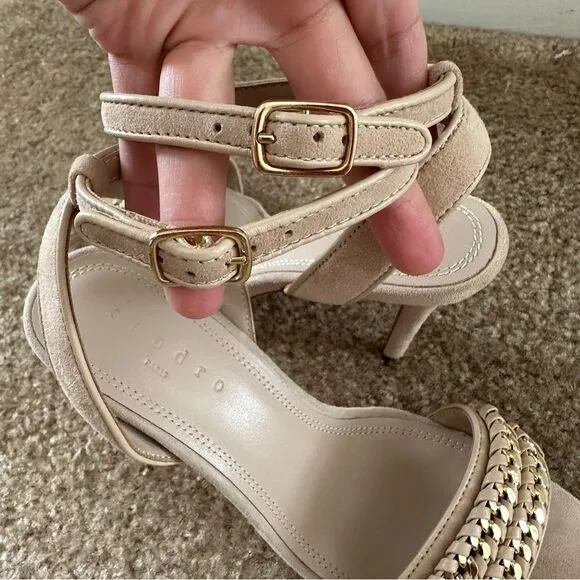 Sandro Nina Chain Suede Heeled Sandals Nude 37 6-6.5