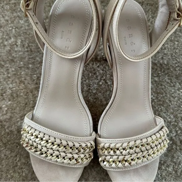 Sandro Nina Chain Suede Heeled Sandals Nude 37 6-6.5