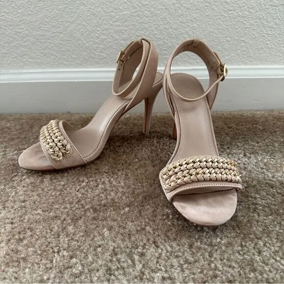 Sandro Nina Chain Suede Heeled Sandals Nude 37 6-6.5