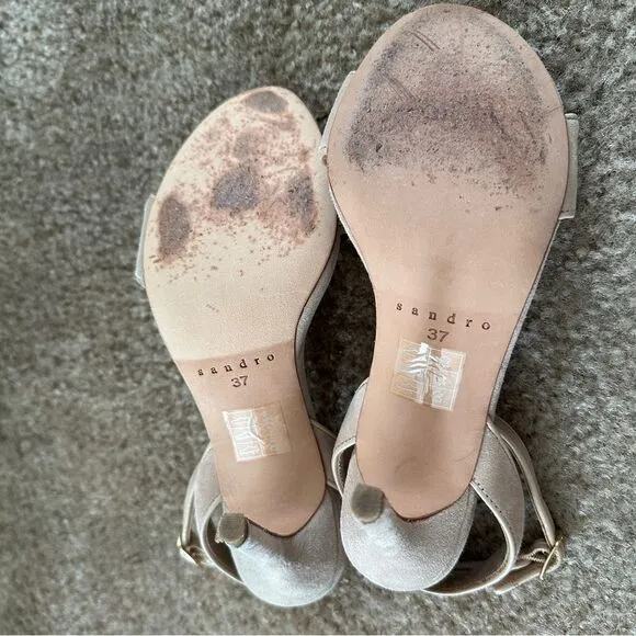 Sandro Nina Chain Suede Heeled Sandals Nude 37 6-6.5
