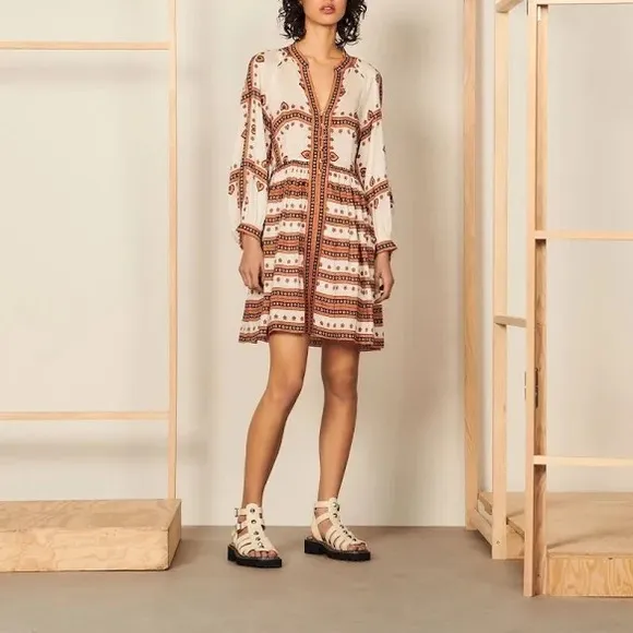 Sandro White Printed Linen Blend Ramata Mini Dress S