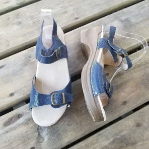 Sanita Daisy Davia Navy Blue Snakeskin Embossed Leather 2 Strap Buckle Sandals