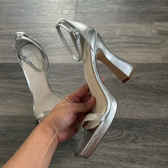 Sarto by Franco Sarto Silver Leather Ankle Strap Heeled Sandals 10 Evening