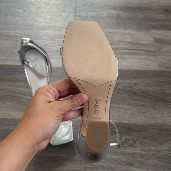 Sarto by Franco Sarto Silver Leather Ankle Strap Heeled Sandals 10 Evening