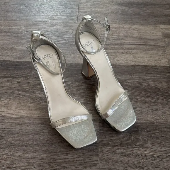 Sarto by Franco Sarto Silver Leather Ankle Strap Heeled Sandals 10 Evening