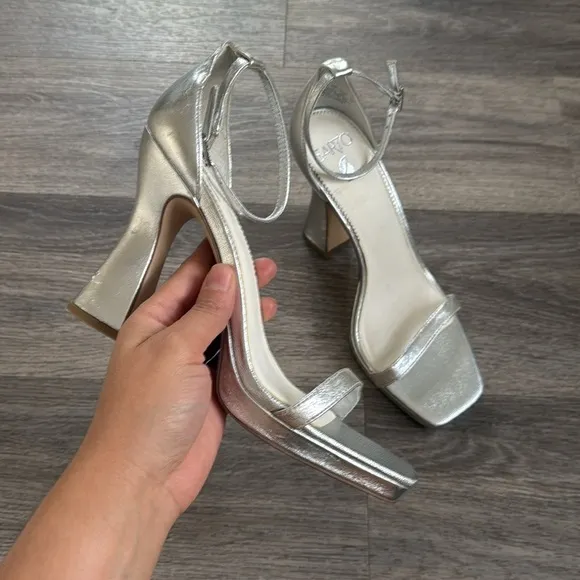 Sarto by Franco Sarto Silver Leather Ankle Strap Heeled Sandals 10 Evening