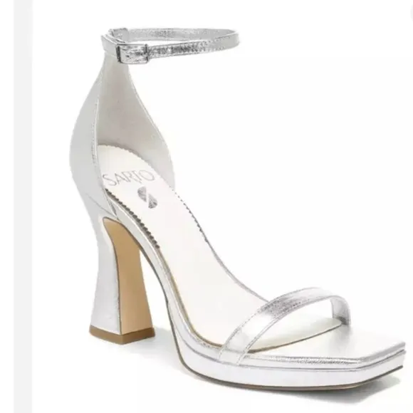 Sarto by Franco Sarto Silver Leather Ankle Strap Heeled Sandals 10 Evening