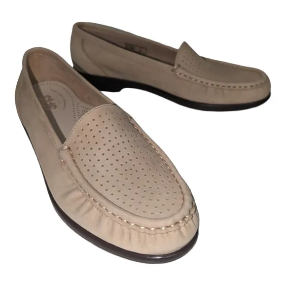 SAS Nubuck Perforated Slip On Leather Loafer Linen Color Size 7N
