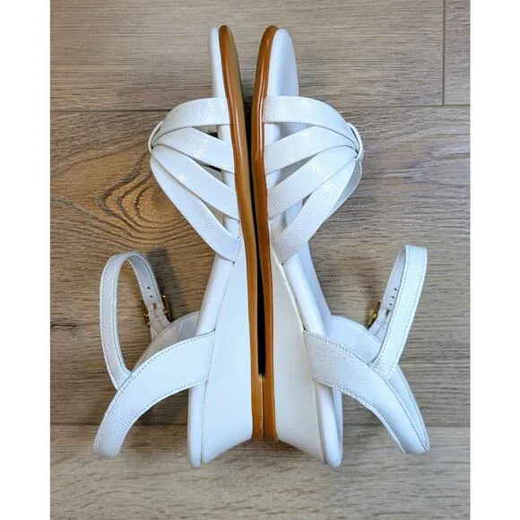 SAS Strippy Patent Leather White Sandal Sz 7 Wedge Heel Quarter Strap Comfort