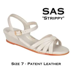 SAS Strippy Patent Leather White Sandal Sz 7 Wedge Heel Quarter Strap Comfort