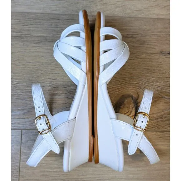 SAS Strippy Patent Leather White Sandal Sz 7 Wedge Heel Quarter Strap Comfort
