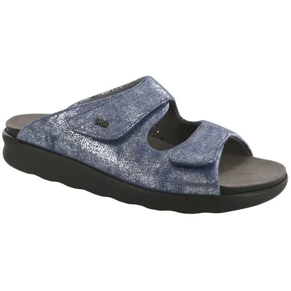 SAS Sz 9M Silver Blue Leather Cozy Adjustable Comfort Slide Sandals Tripad D11-2