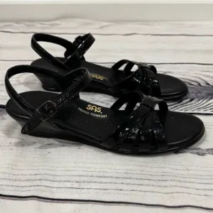 SAS Strippy Low Wedge Black Sandals Women's 9.5 M Tripad Leather Comfort Strappy