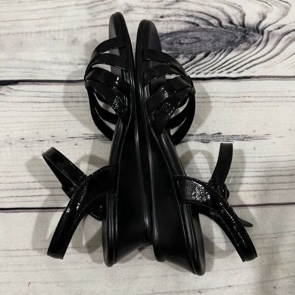 SAS Strippy Low Wedge Black Sandals Women's 9.5 M Tripad Leather Comfort Strappy