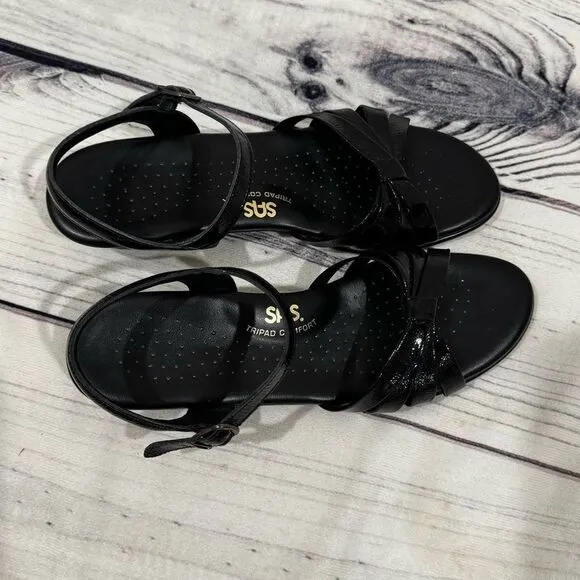 SAS Strippy Low Wedge Black Sandals Women's 9.5 M Tripad Leather Comfort Strappy