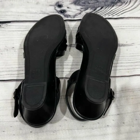 SAS Strippy Low Wedge Black Sandals Women's 9.5 M Tripad Leather Comfort Strappy