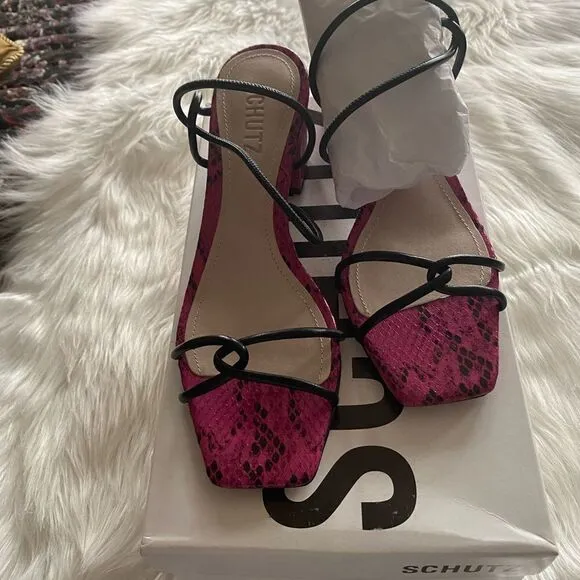 Schutz Ariana Snake Print Square Toe Sandals