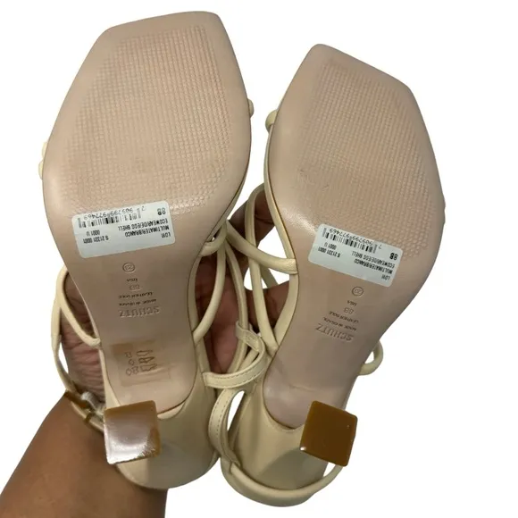 Schutz New Lovi Leather Square Toe Sandals Heels Neutral Cream Tan Size 8