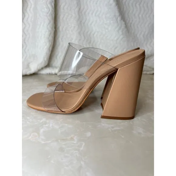Schutz Victorie High Block Heel Sandals Clear PVC Translucent Honey Womens 10