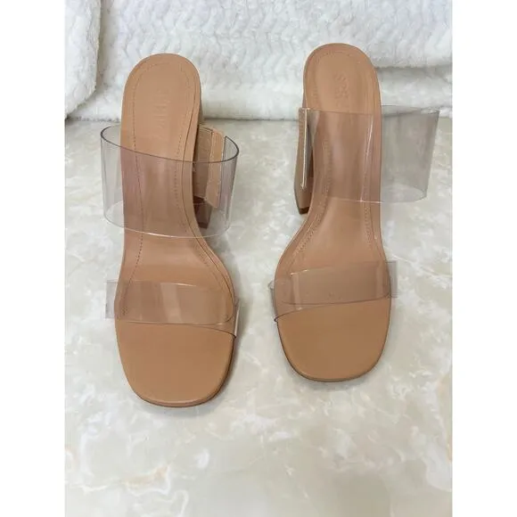 Schutz Victorie High Block Heel Sandals Clear PVC Translucent Honey Womens 10
