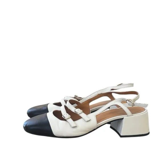 Sezane Paula Babies Black &amp; Cream Block Heel Sandals Size 8
