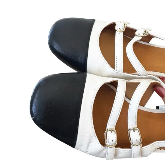 Sezane Paula Babies Black &amp; Cream Block Heel Sandals Size 8