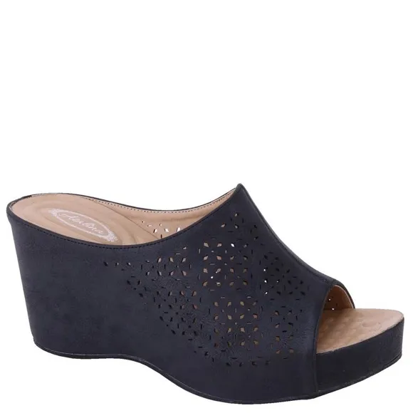 Size 10 Italina Black Cut Out Wedge Scoop Platform Sandal