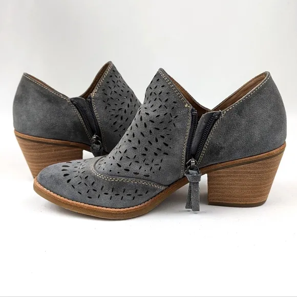 Sofft Amberly Laser Cut Suede Booties Side Zip Block Heel Boho Western Blue 8.5