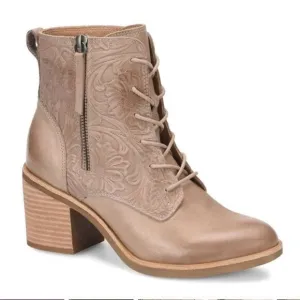 Sofft Sondra Light Taupe Leather Embossed Floral Block Heel Ankle Boots Size 9.5