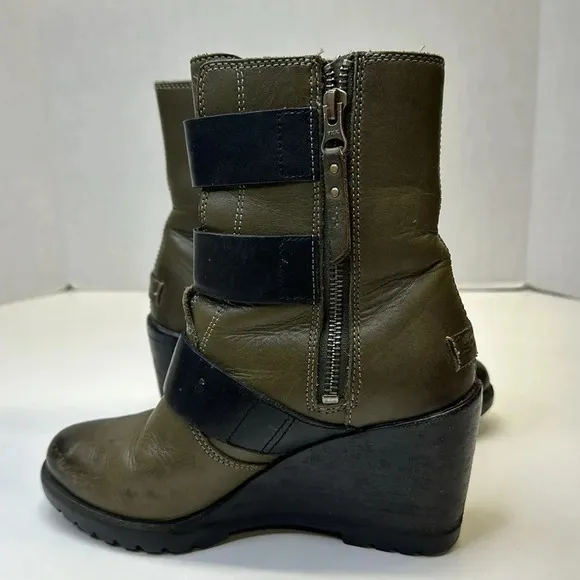 Sorel After Hours Leather Wedge Ankle Boots Booties NL2550-383 Green Size 6