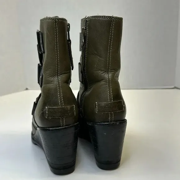 Sorel After Hours Leather Wedge Ankle Boots Booties NL2550-383 Green Size 6