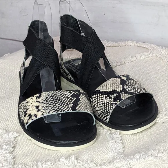 Sorel Ella II Strappy Ankle Sandals Snake Print Black Open Toe Women's Size 7