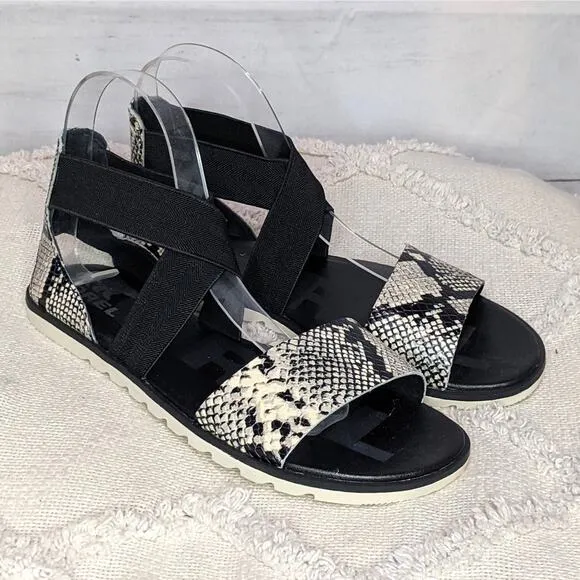 Sorel Ella II Strappy Ankle Sandals Snake Print Black Open Toe Women's Size 7