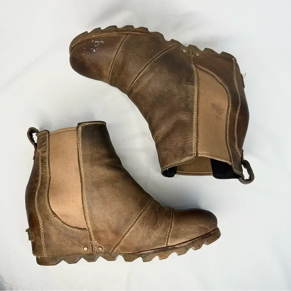 Sorel Lea Wedge Leather Distressed Waterproof Boots Elk Size 7.5