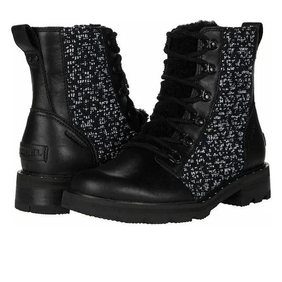 Sorel Lenox lace cozy winter shearling black white waterproof boots size 6 and 8